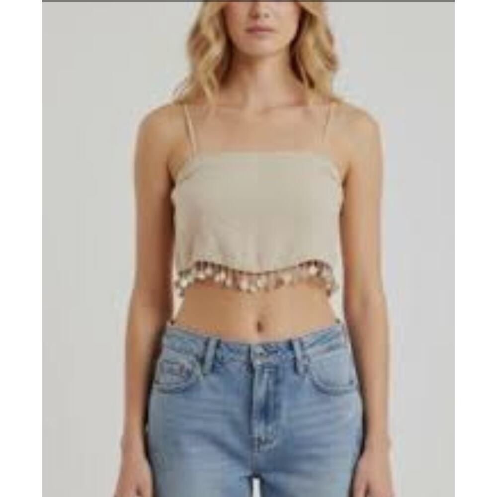 Jason Wu Beaded Shell Embellished Crop Top Beige Sz 4 Linen Rayon See pics